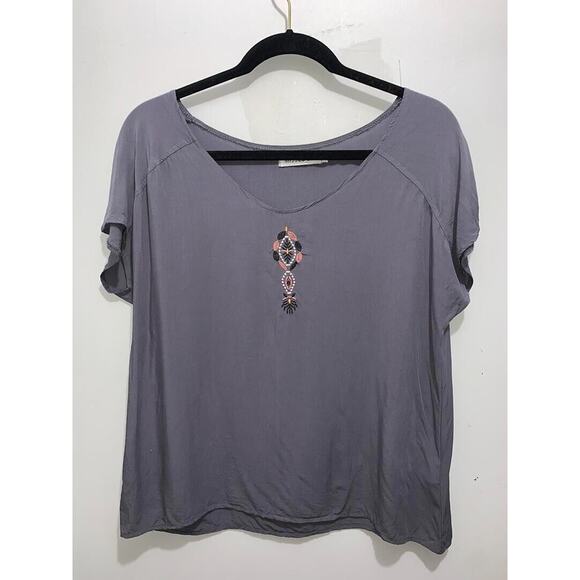 Misslook Womens Gray Short Sleeve Top With Embroidered Accent Size M - Picture 1 of 3